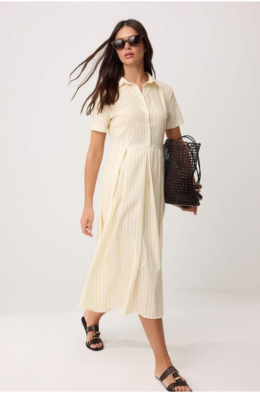 Yellow Striped Skirt Waist Opening Buttoned Midi Woven Dress