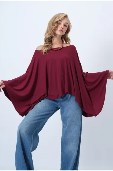 Women's burgundy boat neck cape cut blouse