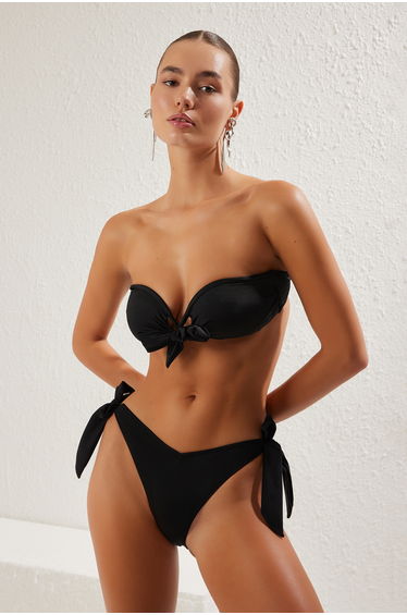 Black Strapless Tied High Waist Bikini Set