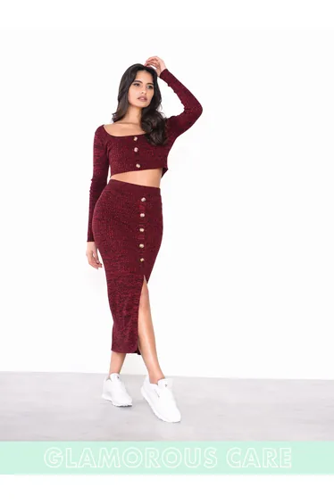 Glamorous Care Plum Melange Button Front Long Sleeve Crop Top