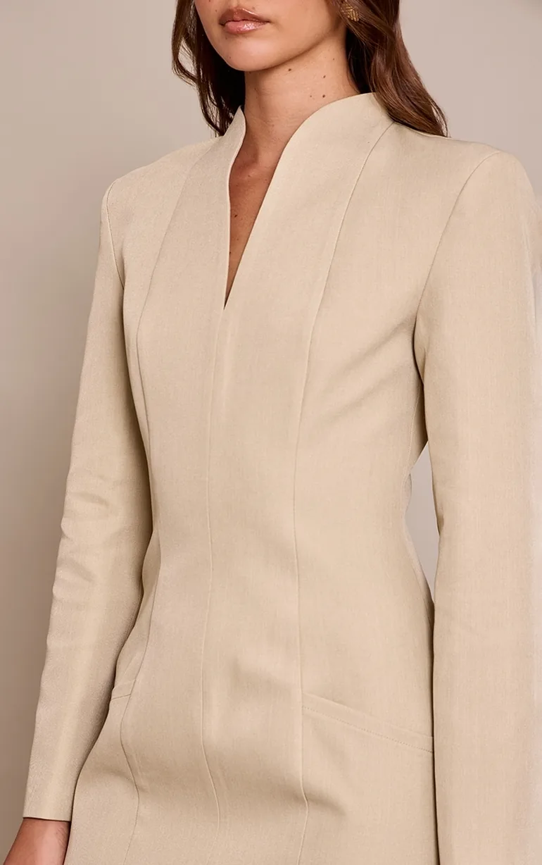 Cream Woven Collarless Long Sleeve Blazer Dress - 3