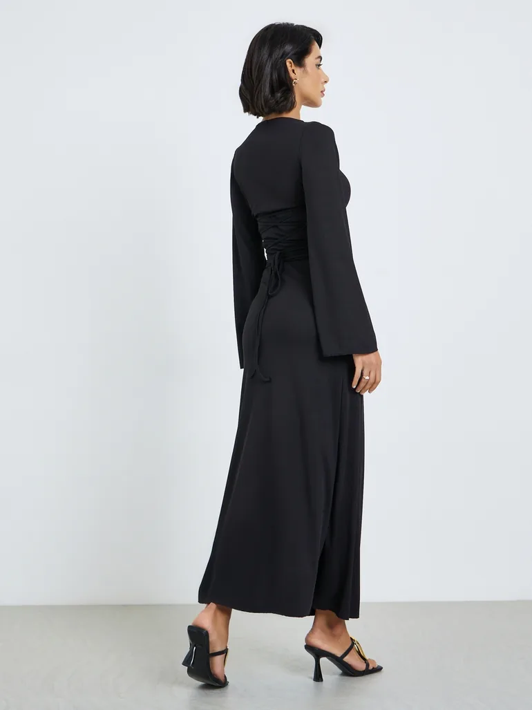 black ribbed bodycon maxi dress Women's Black Basic Solid Ribbed Knit V Neck Bodycon Maxi Dress Plus Size 1X