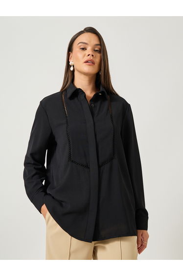 Solid Oversized Spread Collar Shirt with Lace Detail