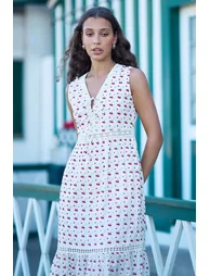 Yumi White Cherry Print Lace Trim Cotton Midi Dress - 5