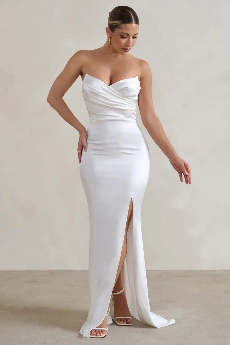 Shop Coraline | White Strapless Maxi dress With Split Online in Bahrain Shop Coraline | White Strapless Maxi dress With Split Online in Bahrain