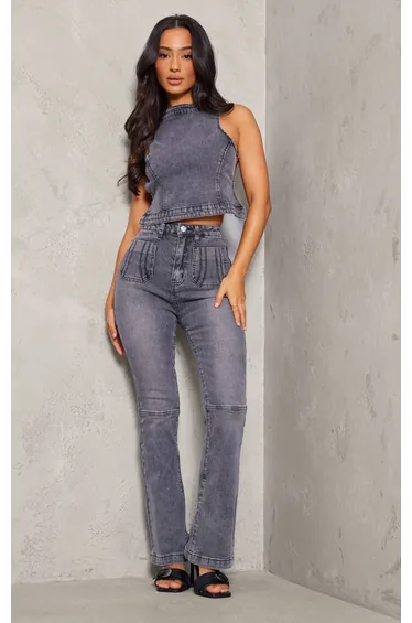Petite Washed Charcoal Denim Backless Top