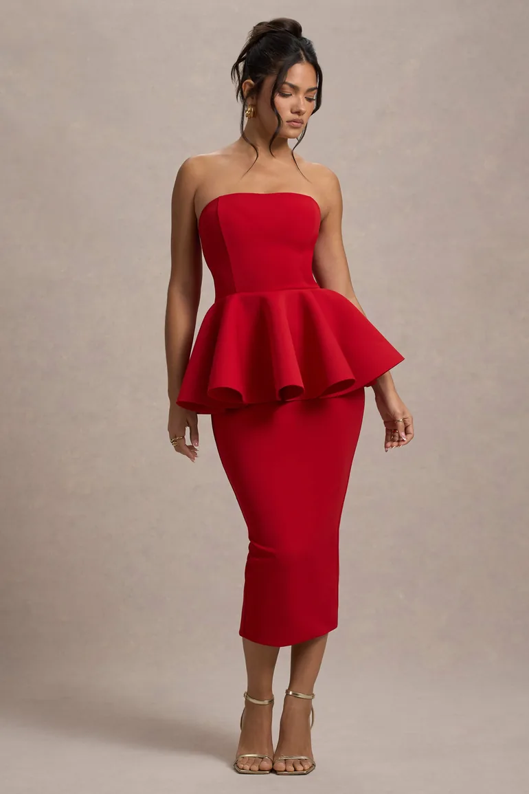 First Dance | Red Bandeau Peplum Dress - 5
