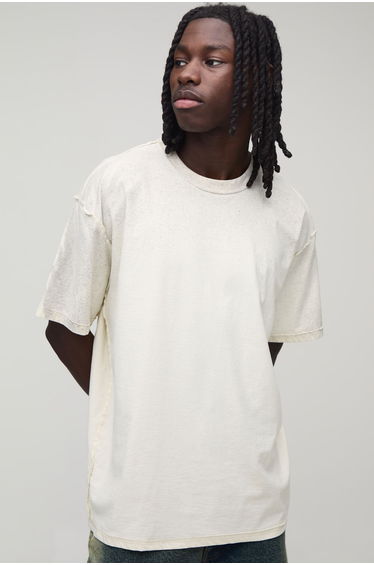 Ecru Oversized Exposed Seam Print Spray Wash T-Shirt - ecru