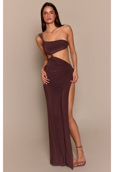 Chocolate Double Layer Slinky Asymmetrical Knotted Maxi Dress