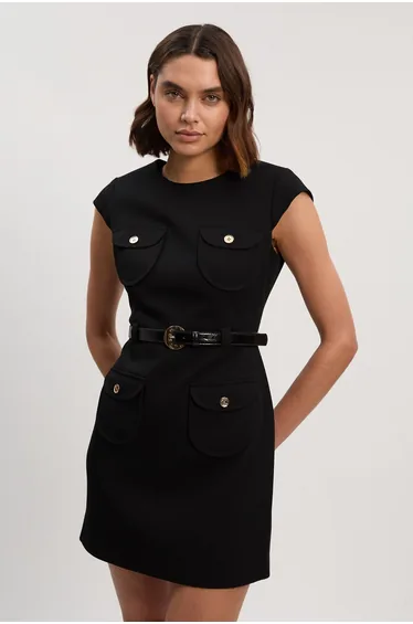 Textured Compact Stretch Tailored Belted Mini Dress
