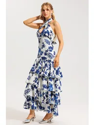 Sleeveless Halter Neck Lace Up Ruffle Hem Midi Dress - 4