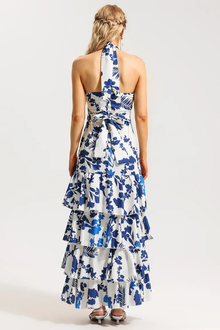 Sleeveless Halter Neck Lace Up Ruffle Hem Midi Dress - 6