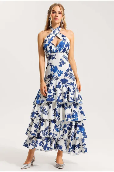 Sleeveless Halter Neck Lace Up Ruffle Hem Midi Dress