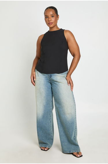 Plus Racer Neck Cinched Top - black