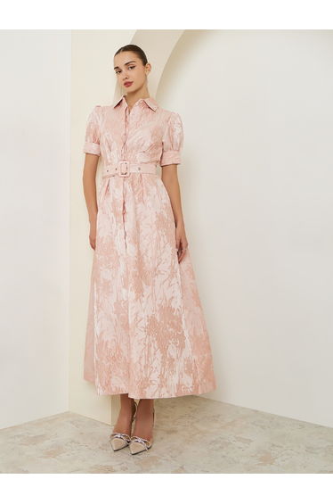 Pink Jacquard Puff Sleeves Shirt Maxi Dress