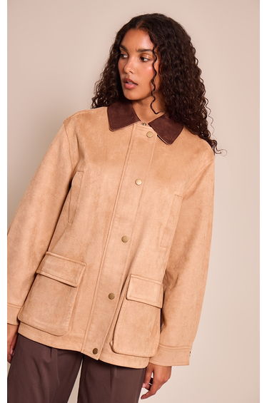Camel Oversized Pocket Detail Contrast Collar Jacket