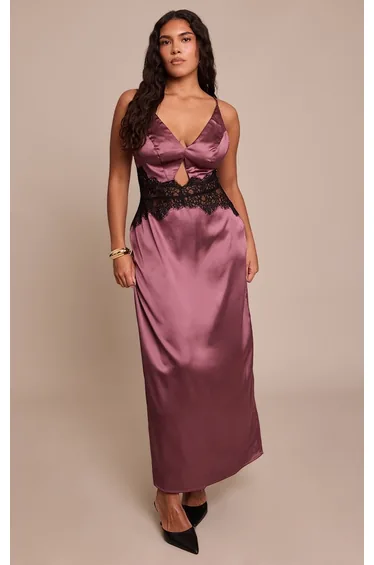 Shape Burgundy Acid Satin Lace Trim  Maxi Dress