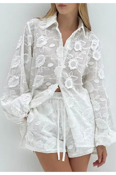 3D Bloom Embroidered Puff Sleeve Cotton Shirt and Shorts Set for Resort Getaways & Beach Dinners
