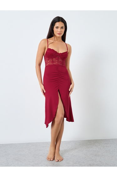 Lace Cup Bow Detail Slit Cut Slip Dress