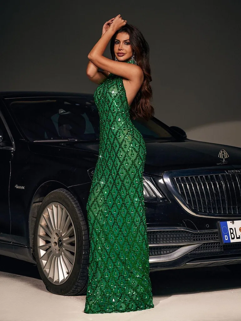 Liora Sequin Crystal Maxi Dress In Green - 2