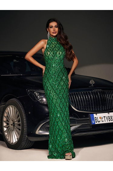 Liora Sequin Crystal Maxi Dress In Green