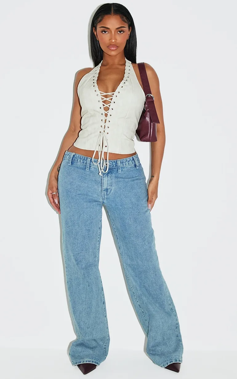 Shape Cream Washed Faux Leather Halter Neck Lace Up Corset