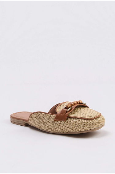Beige Beaded Detailed Straw Women's Slippers