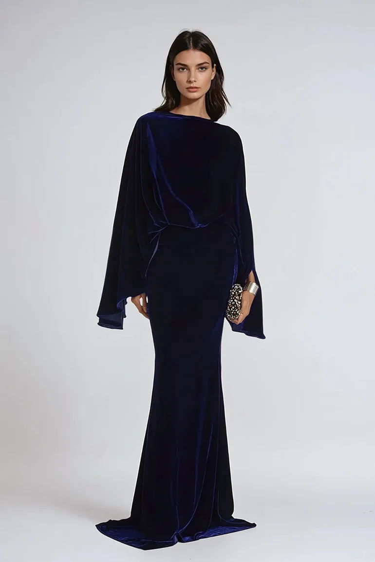Dixon Cape Sleeve Velvet Maxi Dress In Navy