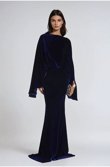Dixon Cape Sleeve Velvet Maxi Dress In Navy