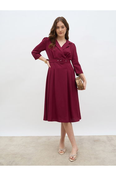 Solid Pleated A-Line Wrap Midi Dress