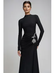 Adobe Long Sleeve Rhinestone Flower Maxi Dress In Black - 4