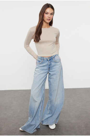 Stone Premium Viscose Crew Neck Crop Stretchy Knitted Blouse