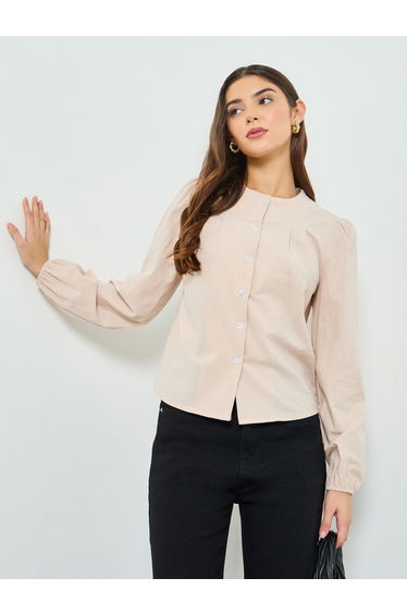Beige Button-Front Long Sleeve Top