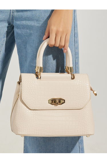 Croc Textured Handbag with Turn Lock Closure