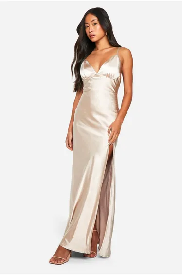Bridesmaid Satin Strappy Floor Length Dress - oyster