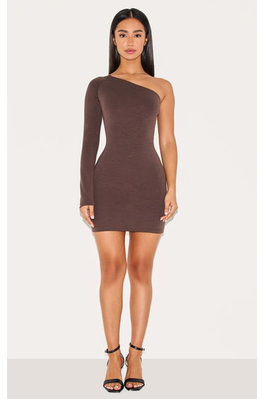 Petite Chocolate Modal One Shoulder Ruched Bodycon Mini Dress