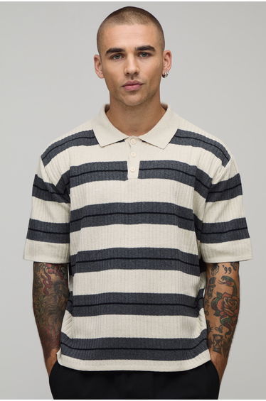 Oversized Boxy Striped Knitted Polo - charcoal
