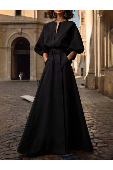 Half Sleeves Loose Belted Solid Color Deep V-Neck Maxi Dresses