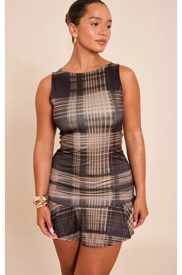 Shape Brown Tartan Print Slinky Frill Detail Sleeveless Mini Dress