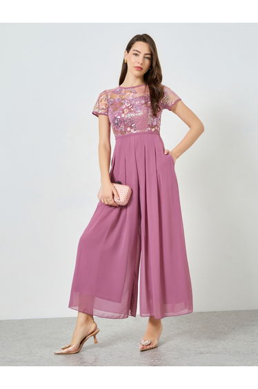 Pink Sequin Bodice Wide Leg Jumpsuit