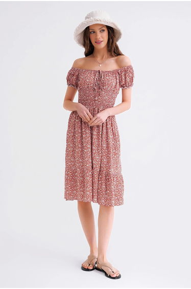 Mixray Off-Shoulder Elasticated Floral Midi Dress