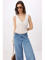 Ecru Bodycon V-Neck Sleeveless Snap Fastener Lace Knitted Bodysuit