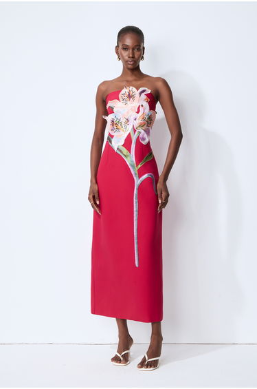 Lights Camera Action Hot Pink Floral Applique Strapless Slit Maxi Dress