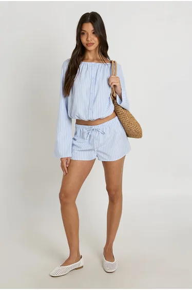 Stripe Collarless Button Down Shirt - blue