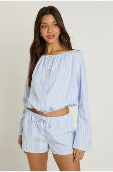 Stripe Collarless Button Down Shirt - blue