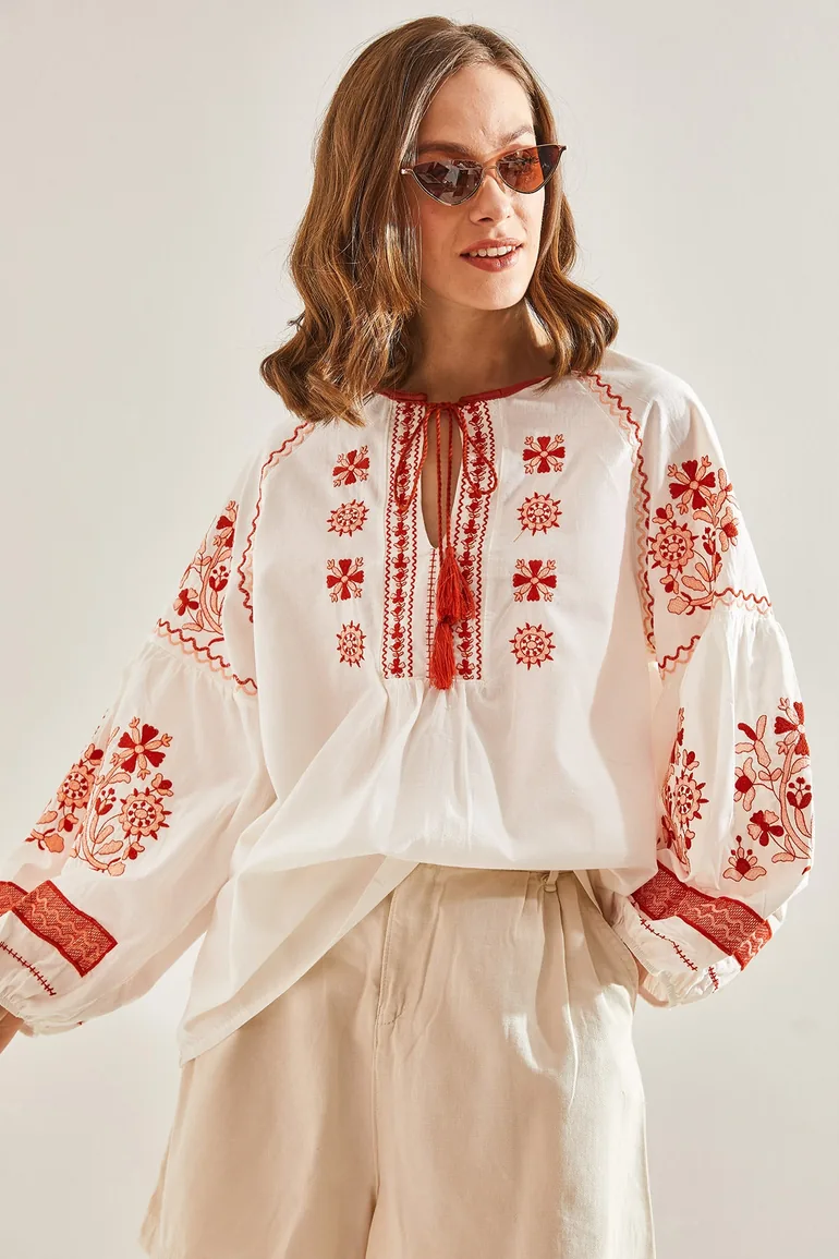 Women's Embroidered Patterned Tie Blouse - 3