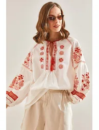 Women's Embroidered Patterned Tie Blouse - 3