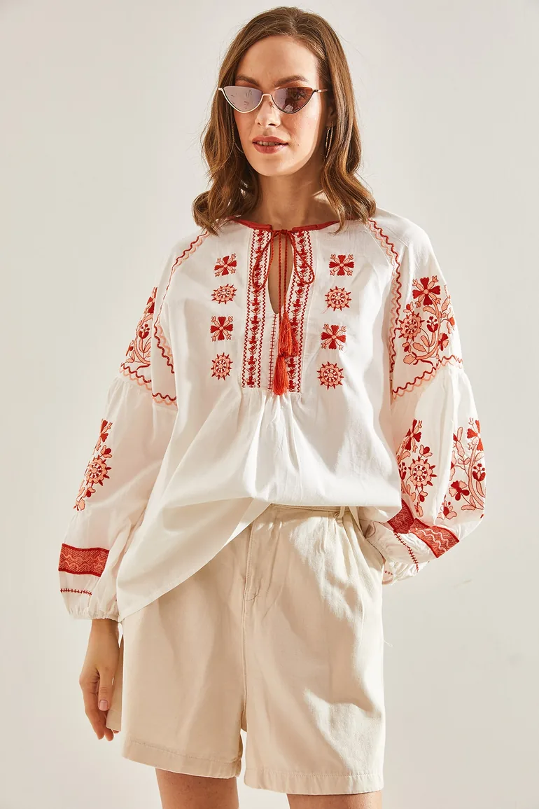 Women's Embroidered Patterned Tie Blouse - 2