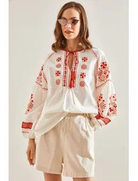 Women's Embroidered Patterned Tie Blouse - 2
