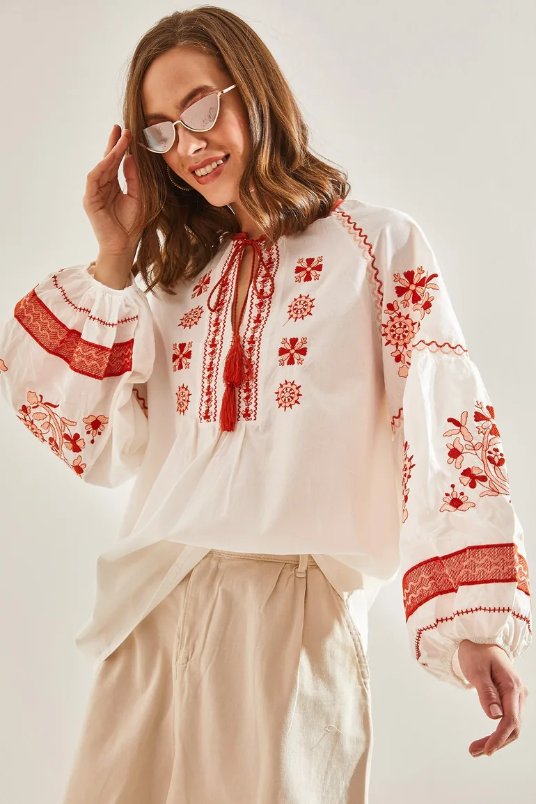 Women's Embroidered Patterned Tie Blouse